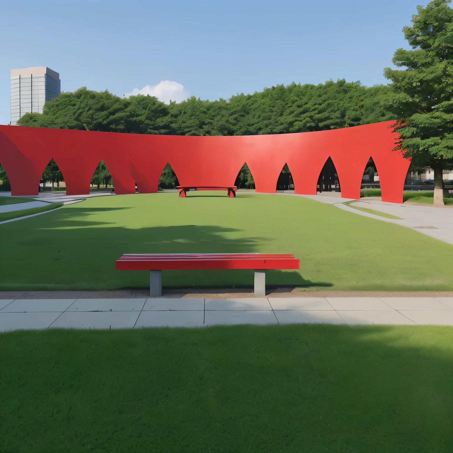 A huge red flag sculpture is set up in the center of the Blue Sky Square of the Wetland Park. There is a lawn under the sculpture. Red-backed benches are placed on both sides of the square. Educational signs are placed between the benches. The square is paved with bricks in the shape of a red flag.