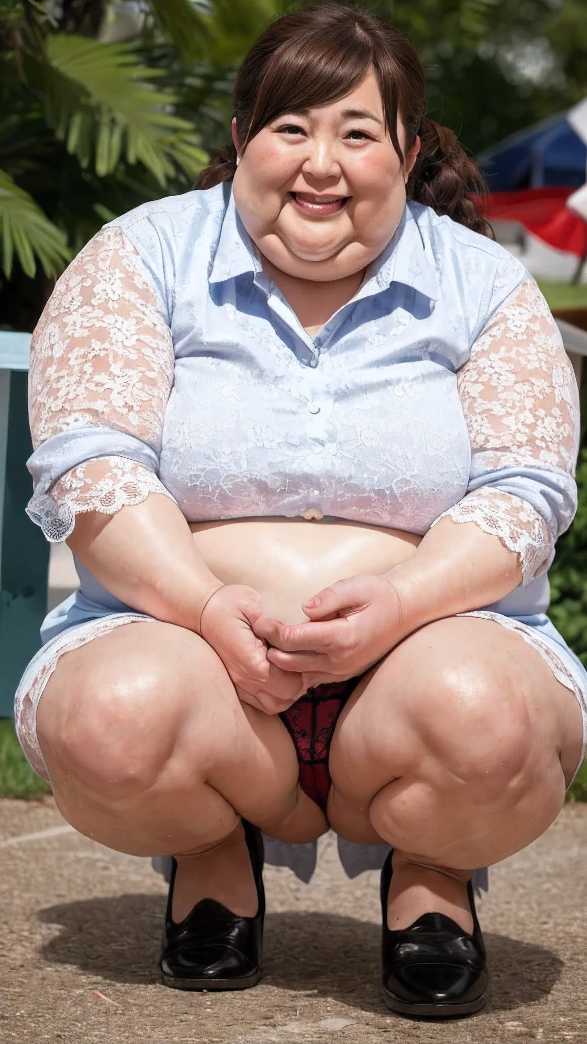 (((Photo Composition))), gravure, highest quality, Very detailed, Realistic, Very detailedskin, Perfect Anatomy, (Japanese MILF),80 years old, big breasts, Mature Woman, Sexy, Chromo White Skin, View your viewers,(((obesity))),((Double chin)),((Big belly)),Thick arms,thick upper arms,Thick legs,fat girl,(long hair),Facial wrinkles,make up,((brown hair)),(dress shirt),lace skirt,(wet skin),amusement park,squatting,(lace panties),(open leg),(show panties),cameltoe