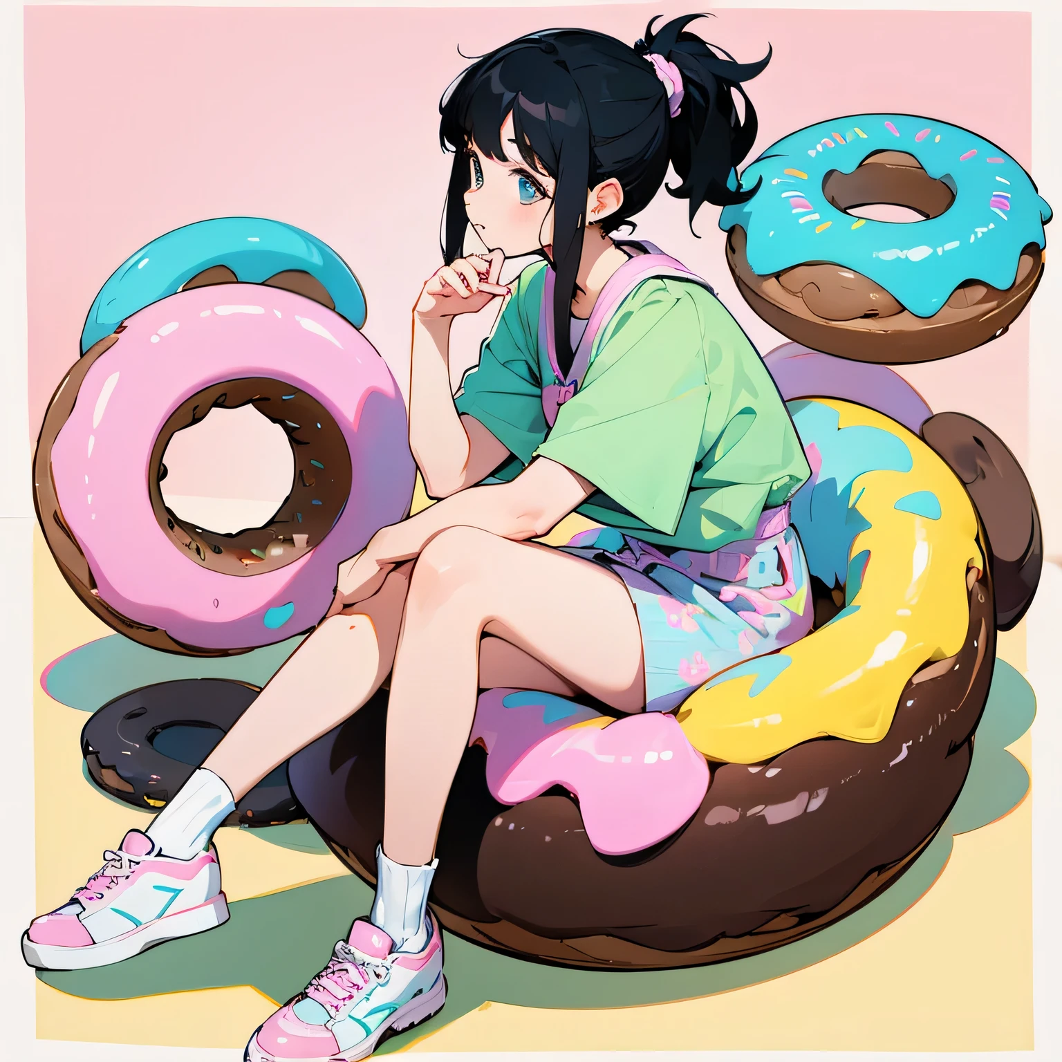 girl、Black Hair、ponytail、sit、pastel colour、donut、Retro style background、display