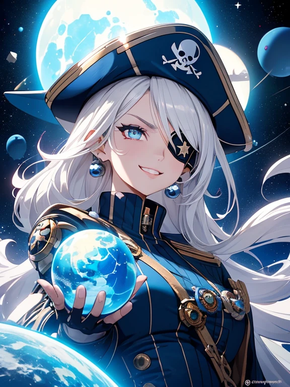 1 Female, Space pirate woman, A Cheerful Female Pirate from Space, Characterized by pirates, Gorgeous pirate costume, star-shaped Eye patch, Captain hat with skull ornament,  white silver hair, curly hair, thin eyebrow, flashy pupils, glossy lips, glossy makeup, 
Space Background, Space Battleship, (Holding an earth-shaped blue ball), resolute smile, 