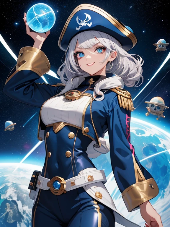 1 Female, Space pirate woman, A Cheerful Female Pirate from Space, Characterized by pirates, Gorgeous pirate costume, star-shaped Eye patch, Captain hat with skull ornament,  white silver hair, curly hair, thin eyebrow, flashy pupils, glossy lips, glossy makeup, 
Space Background, Space Battleship, (Holding an earth-shaped blue ball), resolute smile, 