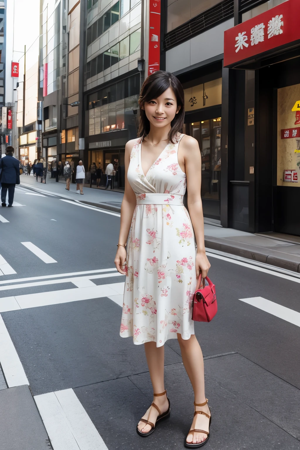 Top quality, 1 beautiful japanese woman, Married woman, Athletics, 35 years old, wearing a dress, sandals, in Ginza