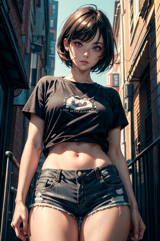 (masterpiece:1.1), best quality, (ultra detailed:1.3), super fine illustration, realistic, solo, woman, from below, beautiful face and eyes, short hair, dishevled hair, black t-shirt and short shorts, Waiting and watching, I'm a cool woman who likes mischief., grinning, Distant city, warm lighting,