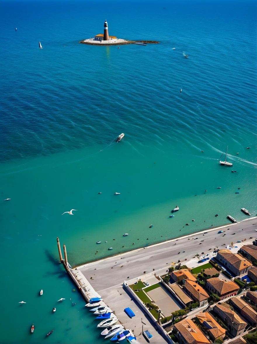 (masterpiece:1.3), (best quality:1.2), (Complex and meticulous:1.2), (Surrealism:1.2), (Professional photography:1.1), Very detailed, Absurd, (Aerial View:0.7), Venice, blue ocean, (blue coast), low tide, pier, sailboat, yacht, Stern, car, Visitors, lighthouse, Seagull, horizon, breeze, summer, morning, Sunlight, cloud, calm, fresh air, Depth of Field