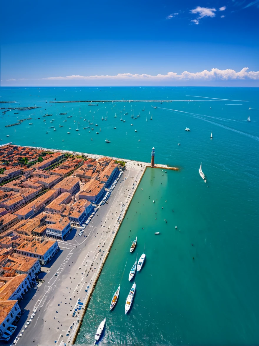 (masterpiece:1.3), (best quality:1.2), (Complex and meticulous:1.2), (Surrealism:1.2), (Professional photography:1.1), Very detailed, Absurd, (Aerial View:0.7), Venice, blue ocean, (blue coast), low tide, pier, sailboat, yacht, Stern, car, Visitors, lighthouse, Seagull, horizon, breeze, summer, morning, Sunlight, cloud, calm, fresh air, Depth of Field