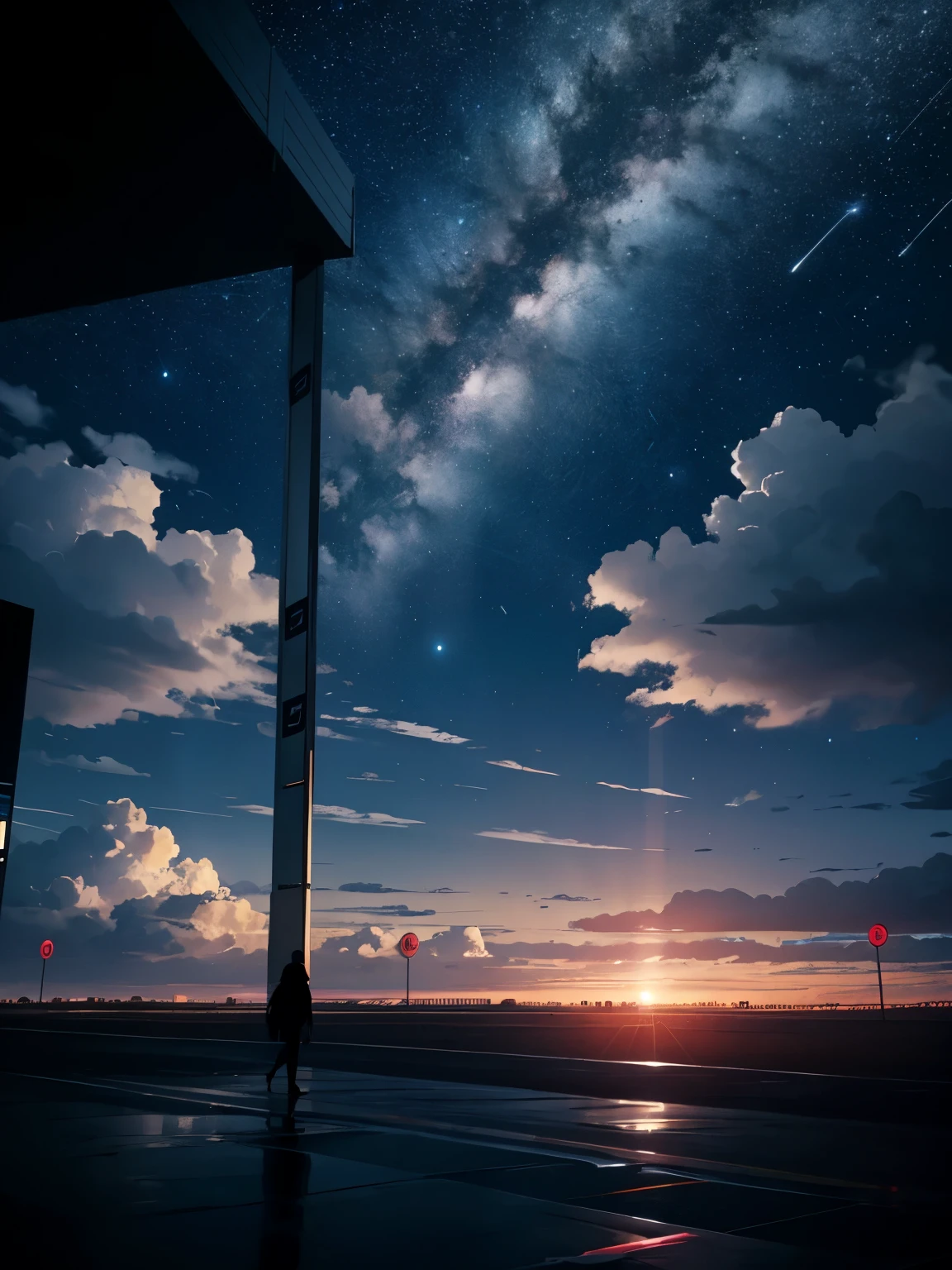 Octane Number, null, star (null), scenery, starry null, evening, 1 girl, evening null, alone, Outdoor, building, cloud, milky way, session, wood, Wide range, Runway, silhouette, Night view of the airport