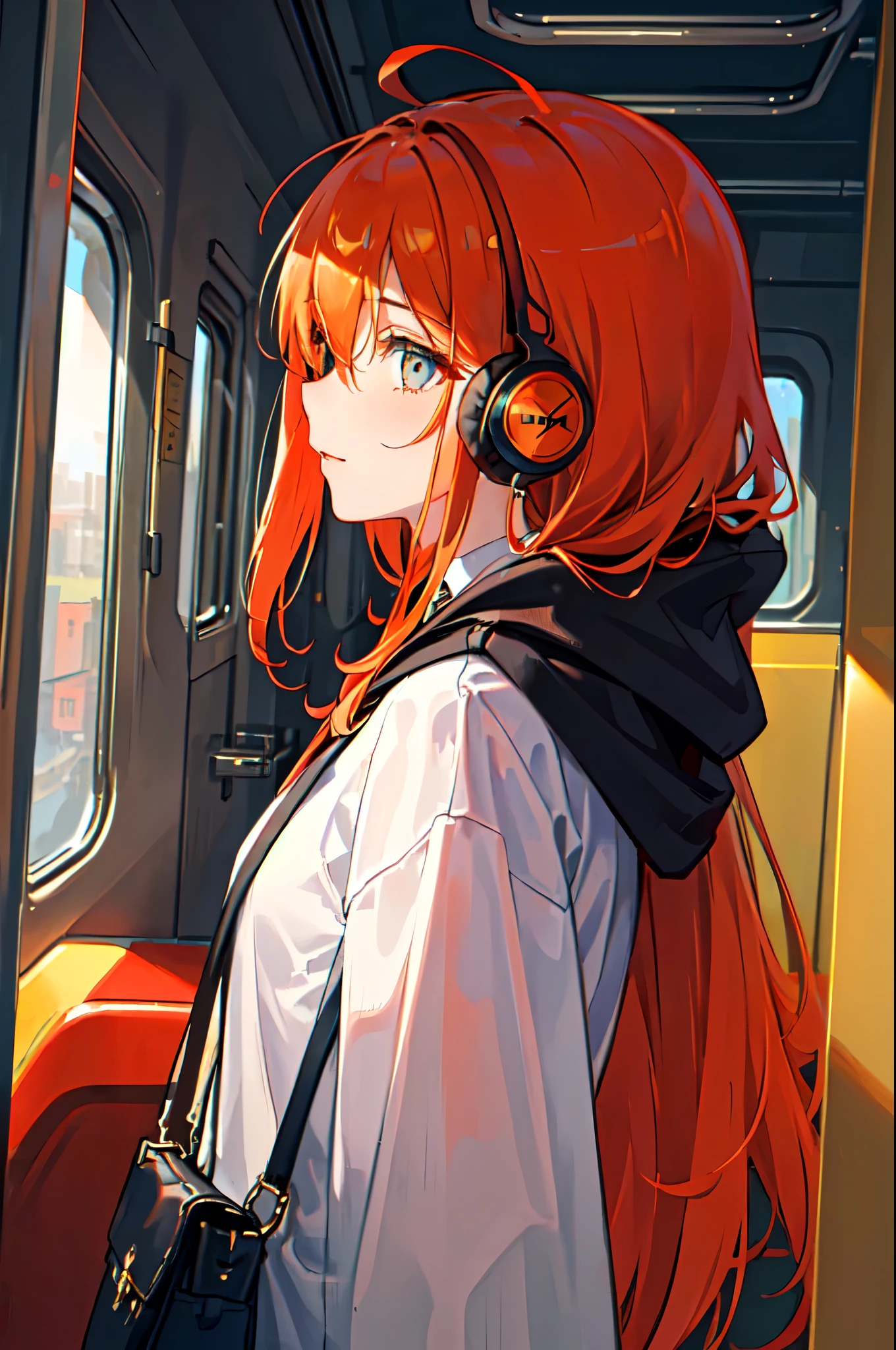 (masterpiece, sidelighting, ultra-detailed, finely detailed beautiful eyes: 1.2), 1girl, bag, building, from side, headphones, hood, hood down, hooded jacket, hoodie, jacket, long hair, orange hair, profile, red hair, solo, train, train interior, upper body, Masterpiece, best quality