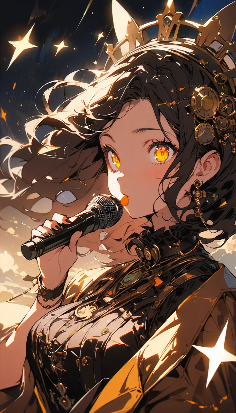 1 girl、star, sing, Perfect Face, Beautiful proportions, Hold the microphone to your mouth,Beautiful Night、 steampunk、floating, (High saturation), Focus on the face, (highest quality、masterpiece、High resolution、detailed)、animeスタイル、Flat Style、(Shining Eyes、detailed美しい顔),  BREAK,extremely detailed、(The Shining), Best lighting, Best Shadow、Dynamic Angle、anime