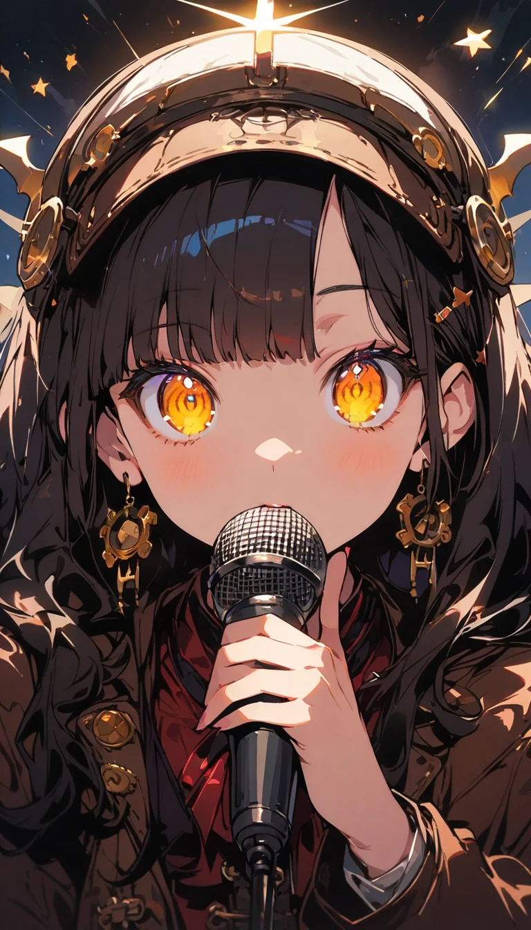 1 girl、star, sing, Perfect Face, Beautiful proportions, Hold the microphone to your mouth,Beautiful Night、 steampunk、floating, (High saturation), Focus on the face, (highest quality、masterpiece、High resolution、detailed)、animeスタイル、Flat Style、(Shining Eyes、detailed美しい顔), BREAK,extremely detailed、(The Shining), Best lighting, Best Shadow、Dynamic Angle、anime