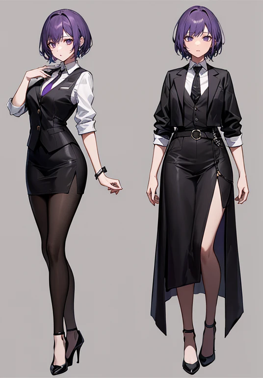 ((Perfect Face)),Purple Hair,Very short hair,1 female,,Black vest,Roll up your sleevesＹshirt,tie,slit,High heels,,((Simple Background)),smile,((Full Body)),((full body)),