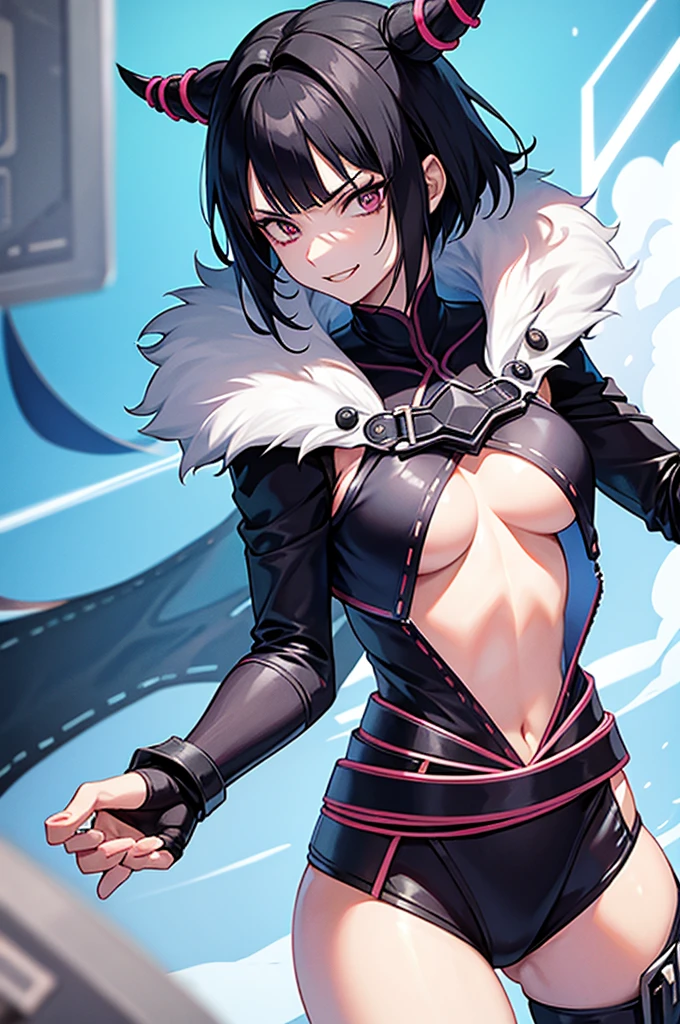 mulher jovem,short black hair , badass , full ancient armor,coxas torneadas,Evil Smile,juri han,chifres de cabelo,detalhes do corpo
