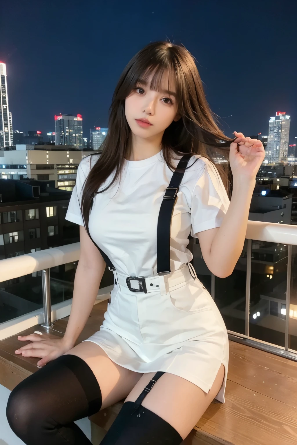 ((Midnight, highest quality, 8k, masterpiece :1.3)), whole body, Long legs, Sharp focus :1.2, Beautiful woman with perfect figure :1.4, Slim Abs :1.1, ((Dark brown hair, Big Breasts :1.2)), (White tight T-shirt, Jean Bib, Are standing:1.2), ((Night city view, rooftop:1.3)), Very detailedな顔と肌の質感, Fine grain, Double eyelids one girl,highest quality,masterpiece,figure,Very delicate and beautiful,CG,Unity,8k wallpaper,wonderful,In detail,masterpiece,Official Art,Very detailed CG Unity 8k wallpaper,Incredibly absurd,Large file size,Very detailedな,High resolution,Very detailed,Beautiful detailed girl,Realistic,from the front,Outdoor, suspenders Large swollen breasts Black mini skirt garter belt Knee-high socks bangs Beauty Hands up Black boots one person Dress shirt Hands Behind Back put your hands behind your back With your hands behind your back Armament holster A room at the Belt Hotel Bed Wall side