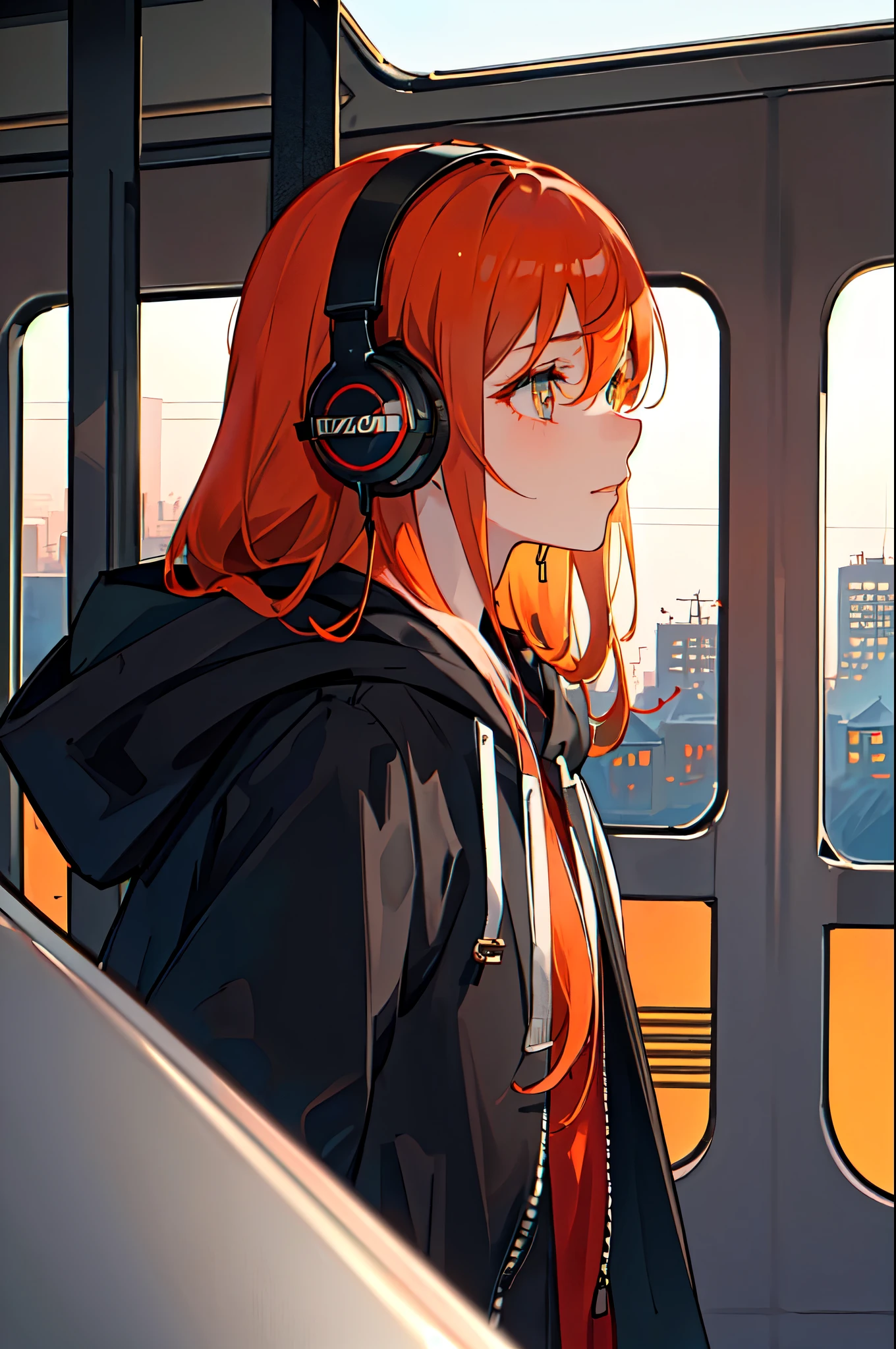 (masterpiece, sidelighting, ultra-detailed, finely detailed beautiful eyes: 1.2), 1girl, bag, building, from side, headphones, hood, hood down, hooded jacket, hoodie, jacket, long hair, orange hair, profile, red hair, solo, train, train interior, upper body, Masterpiece, best quality