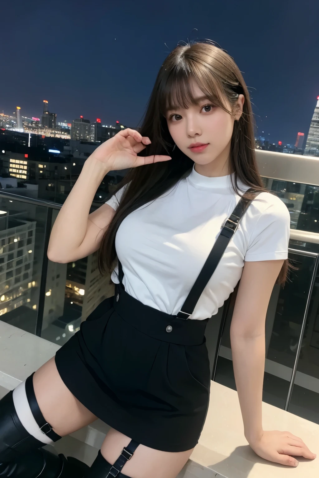 ((Midnight, highest quality, 8k, masterpiece :1.3)), whole body, Long legs, Sharp focus :1.2, Beautiful woman with perfect figure :1.4, Slim Abs :1.1, ((Dark brown hair, Big Breasts :1.2)), (White tight T-shirt, Jean Bib, Are standing:1.2), ((Night city view, rooftop:1.3)), Very detailedな顔と肌の質感, Fine grain, Double eyelids one girl,highest quality,masterpiece,figure,Very delicate and beautiful,CG,Unity,8k wallpaper,wonderful,In detail,masterpiece,Official Art,Very detailed CG Unity 8k wallpaper,Incredibly absurd,Large file size,Very detailedな,High resolution,Very detailed,Beautiful detailed girl,Realistic,from the front,Outdoor, suspenders Large swollen breasts Black mini skirt garter belt Knee-high socks bangs Beauty Hands up Black boots one person Dress shirt Hands Behind Back put your hands behind your back With your hands behind your back Armament holster A room at the Belt Hotel Bed Wall side