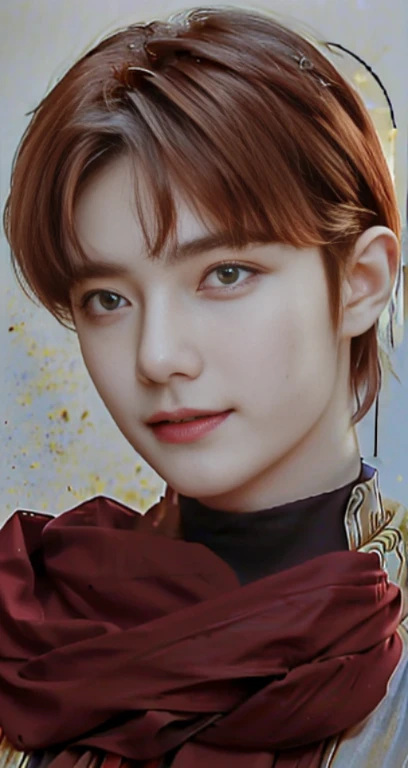 Man with yeloow eyes and red short hair, detailed face, clear skin, background is light bluen sky, modelshoot style, photorealism, masterpiece, diversity, ((perfect face)), detailed hair, sharp eyes, handsome, serious smile, white blouse and red cape, square face, builted body.