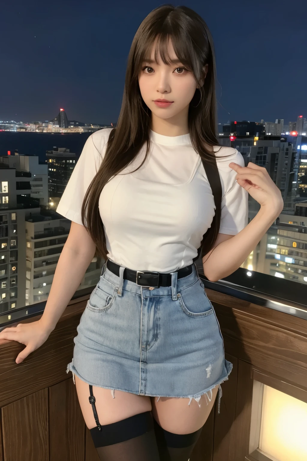 ((Midnight, highest quality, 8k, masterpiece :1.3)), whole body, Long legs, Sharp focus :1.2, Beautiful woman with perfect figure :1.4, Slim Abs :1.1, ((Dark brown hair, Big Breasts :1.2)), (White tight T-shirt, Jean Bib, Are standing:1.2), ((Night city view, rooftop:1.3)), Very detailedな顔と肌の質感, Fine grain, Double eyelids one girl,highest quality,masterpiece,figure,Very delicate and beautiful,CG,Unity,8k wallpaper,wonderful,In detail,masterpiece,Official Art,Very detailed CG Unity 8k wallpaper,Incredibly absurd,Large file size,Very detailedな,High resolution,Very detailed,Beautiful detailed girl,Realistic,from the front,Outdoor,　suspenders　　　Large swollen breasts　　 　 　　　　Black mini skirt　garter belt　Knee-high socks　　　　　　　bangs 　　　　　Beauty　　Hands up　　 　　Black boots 　　　　one person 　　　Dress shirt　　　Hands Behind Back　put your hands behind your back　　With your hands behind your back　Armament　holster　　A room at the Belt Hotel　Bed　Wall side　