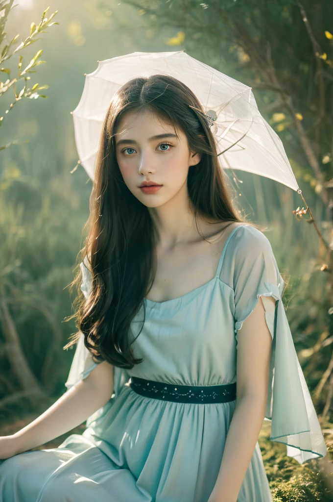 ( masterpiece, top quality, best quality,8k,17 years old girl,ultra detailed,raw photo:1.5),(photorealistic:1.4), (cinematic lighting), PerfectNwsjMajic, , Surrealism, UHD, ccurate, Super detail, textured skin, High detail, Best quality, dynamic angle, White skin,[Beautiful blue eyes], high nose,[flat chest:large breasts:0.5],(1girl),((good anatomy:0.5)), Dreamy atmosphere,expressive brush strokes, mystical ambiance, Artistic interpretation, Stunning Studio Ghibli style costumes, a whimsical illustration, Subtle colors and tones, mystical aura,