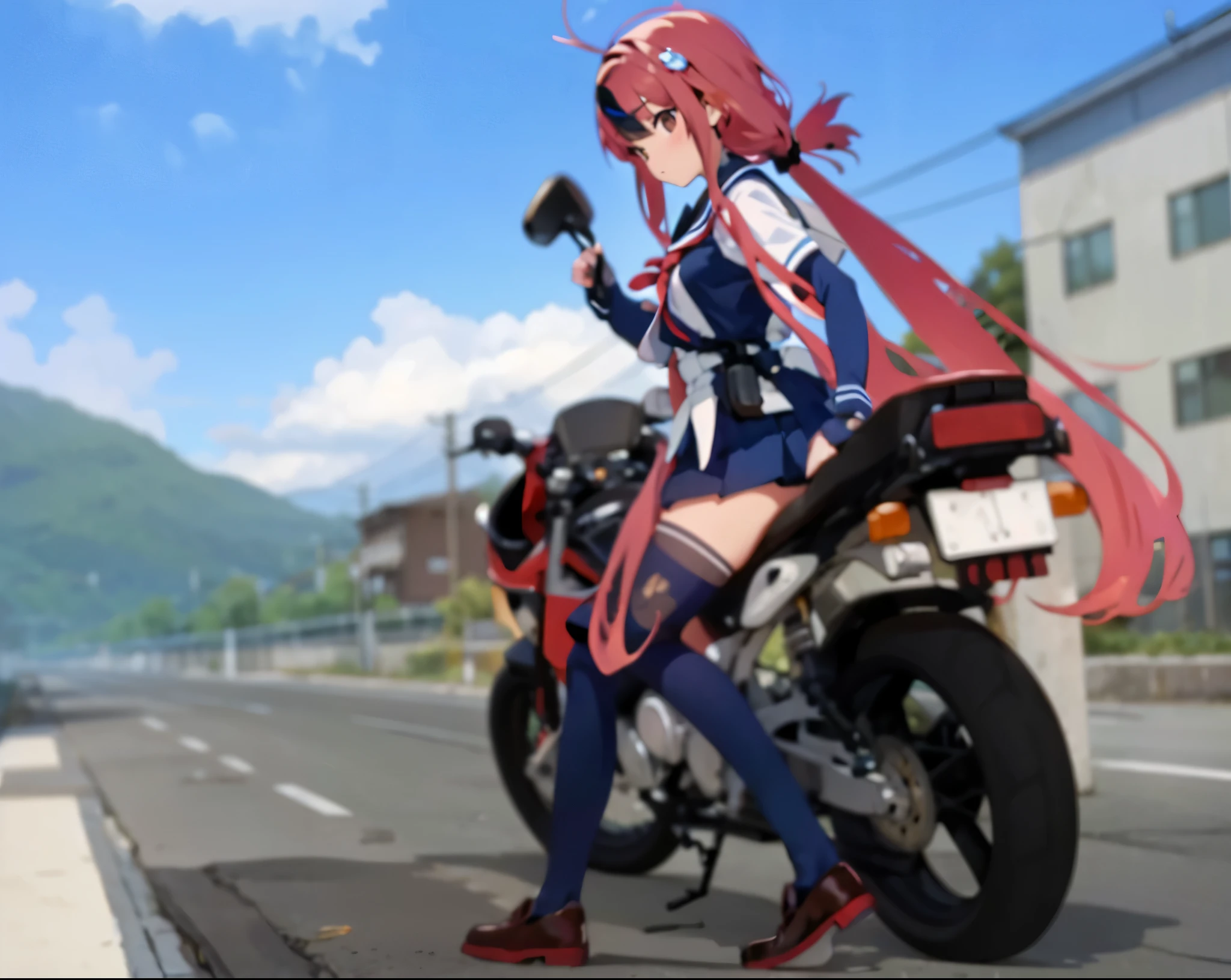 ((masterpiece,highest quality, High resolution)), 1 girl, alone,Delivery Bikeにまたがっている,high school girl,Super Cub,Delivery Bike,Honda,From the back,Looking back,Sailor suit,Pleated skirt,Jet helmet,Keeping my feet on the ground,Country Road,Black Hair,Brown eyes,Young Face,Navy blue socks,Brown Loafers