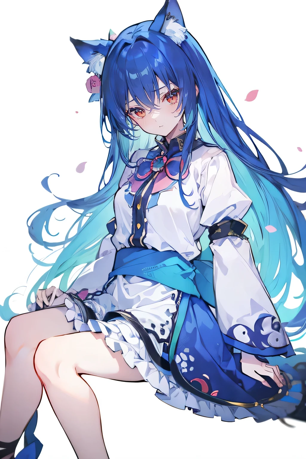 (masterpiece:1.2),ultra-detailed,realistic,expressive eyes,fair-skinned,perfectly shaped face,1girl,
Japanese cartoons,Gorgeous blue hair, flowing blue hair,floating clothes,cat ears,petals falling,beautiful Lola,Hina Angel,
hands on waist,gracefully sitting on the ground,legs crossed,gentle and serene background,cool and comfortable pavilion,shy face ,shy.