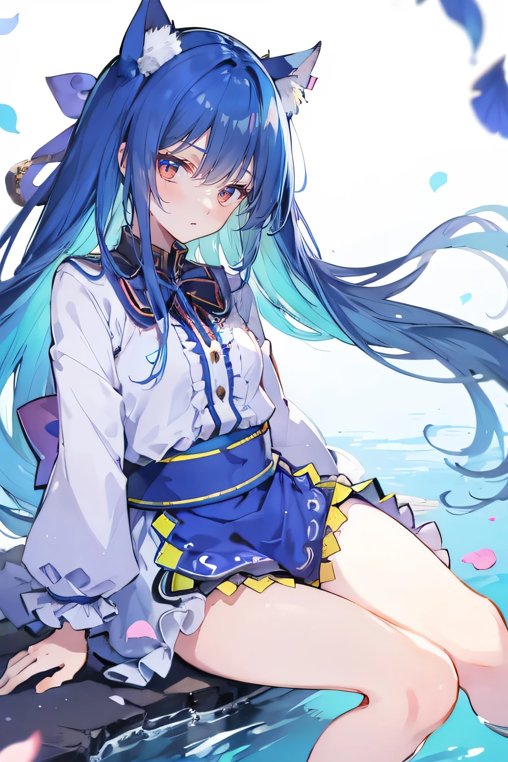 (masterpiece:1.2),ultra-detailed,realistic,expressive eyes,fair-skinned,perfectly shaped face,1girl,
Japanese cartoons,Gorgeous blue hair, flowing blue hair,floating clothes,cat ears,petals falling,beautiful Lola,Hina Angel,
hands on waist,gracefully sitting on the ground,legs crossed,gentle and serene background,cool and comfortable pavilion,shy face ,shy.