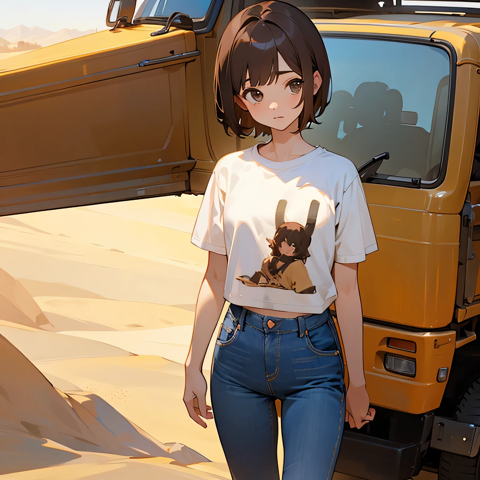 girl、Brown Hair、short hair、T-Shirts、jeans、truck、desert