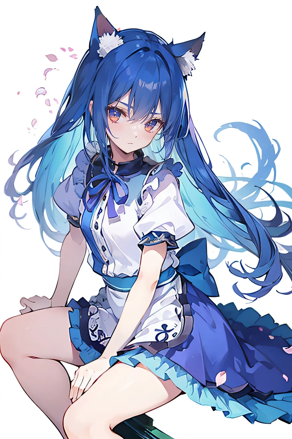 (masterpiece:1.2),ultra-detailed,realistic,expressive eyes,fair-skinned,perfectly shaped face,1girl,
Japanese cartoons,Gorgeous blue hair, flowing blue hair,floating clothes,cat ears,petals falling,beautiful Lola,Hina Angel,
hands on waist,gracefully sitting on the ground,legs crossed,gentle and serene background,cool and comfortable pavilion,shy face ,shy.