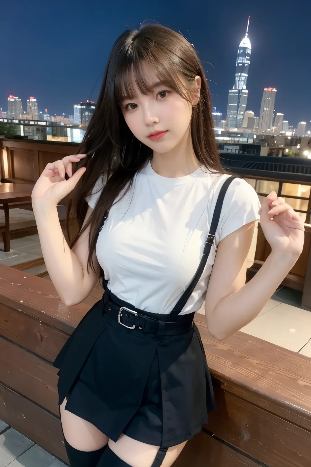 ((Midnight, highest quality, 8k, masterpiece :1.3)), whole body, Long legs, Sharp focus :1.2, Beautiful woman with perfect figure :1.4, Slim Abs :1.1, ((Dark brown hair, Big Breasts :1.2)), (White tight T-shirt, Jean Bib, Are standing:1.2), ((Night city view, rooftop:1.3)), Very detailedな顔と肌の質感, Fine grain, Double eyelids one girl,highest quality,masterpiece,figure,Very delicate and beautiful,CG,Unity,8k wallpaper,wonderful,In detail,masterpiece,Official Art,Very detailed CG Unity 8k wallpaper,Incredibly absurd,Large file size,Very detailedな,High resolution,Very detailed,Beautiful detailed girl,Realistic,from the front,Outdoor,　suspenders　　　Large swollen breasts　　 　 　　　　Black mini skirt　garter belt　Knee-high socks　　　　　　　bangs 　　　　　Beauty　　Hands up　　 　　Black boots 　　　　one person 　　　Dress shirt　　　Hands Behind Back　put your hands behind your back　　With your hands behind your back　Armament　holster　　A room at the Belt Hotel　Bed　Wall side　