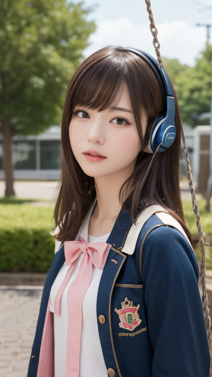 Dragon Ball bloomers, futuristic scene, Mechanically enhanced Japanese high school girl、Elegant in an elaborate garden. She has beautifully detailed eyes and lips that complement her face. high school girl。.uniform。.。.。.。.。.。14 year old girl.. Around her are bright チューリップ and a quiet carp pond. The scenes are drawn using a combination of illustration and photorealism, Rose,Highly detailed brush strokes and sharpness, bright colors. Lighting that highlights the elegance of the uniform, gives softness to the skin, porcelain shine。. Artwork is of the highest quality, Exquisite costume details on display, Rose, . The overall color scheme is、、、、、、、、、、、、、、、traditional Japanese color combinations, crimson, hang on., bus stop、sit on a swing、Headphones around the neck、Side view、Side view、whole body、cute clothes、from far away、Open the center、Big eyes、random pose、whole body、
