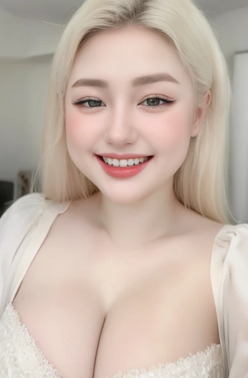 (realistic、masterpiece、Best Quality、8K、highres、white background, high resolution:1.3)、1 chubby girl:1.3)、(grin smile, white teeth:1.3, show teeth:1.3),, looking at viewers, black lace bikini、pale white skin、very blond hair ,very pale skin, extremely pale blonde hair, ivory pale skin, very white skin, pale skin, very pale white skin, very pale white skin,white skin and pale porcelain, white and pale skin, fair and pale skin!!,  long blonde hair, looking at viewers、super fine face and eyes、long blonde hair、 ((full breasts:1.3)), indoor、 upper body、