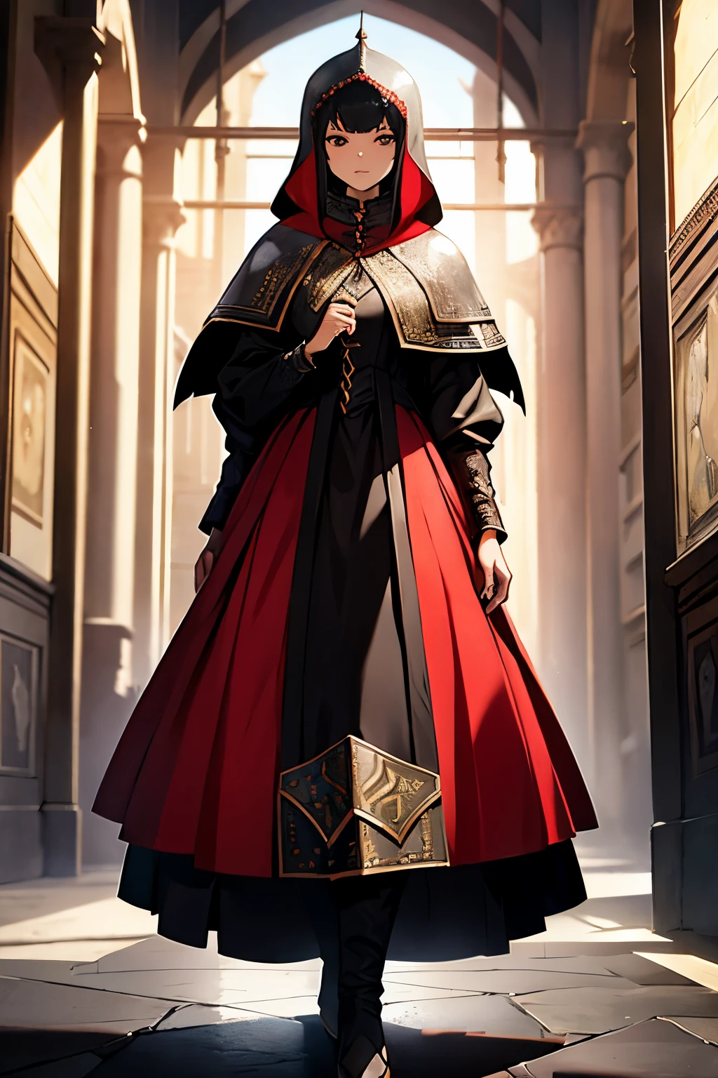 jaqueta de pele longa em preto, um vestido medieval em brancoe vermelho, de saia super volumosa, saia princesa rodada, gola alta, that covers the body from neck to toe, Covered neck