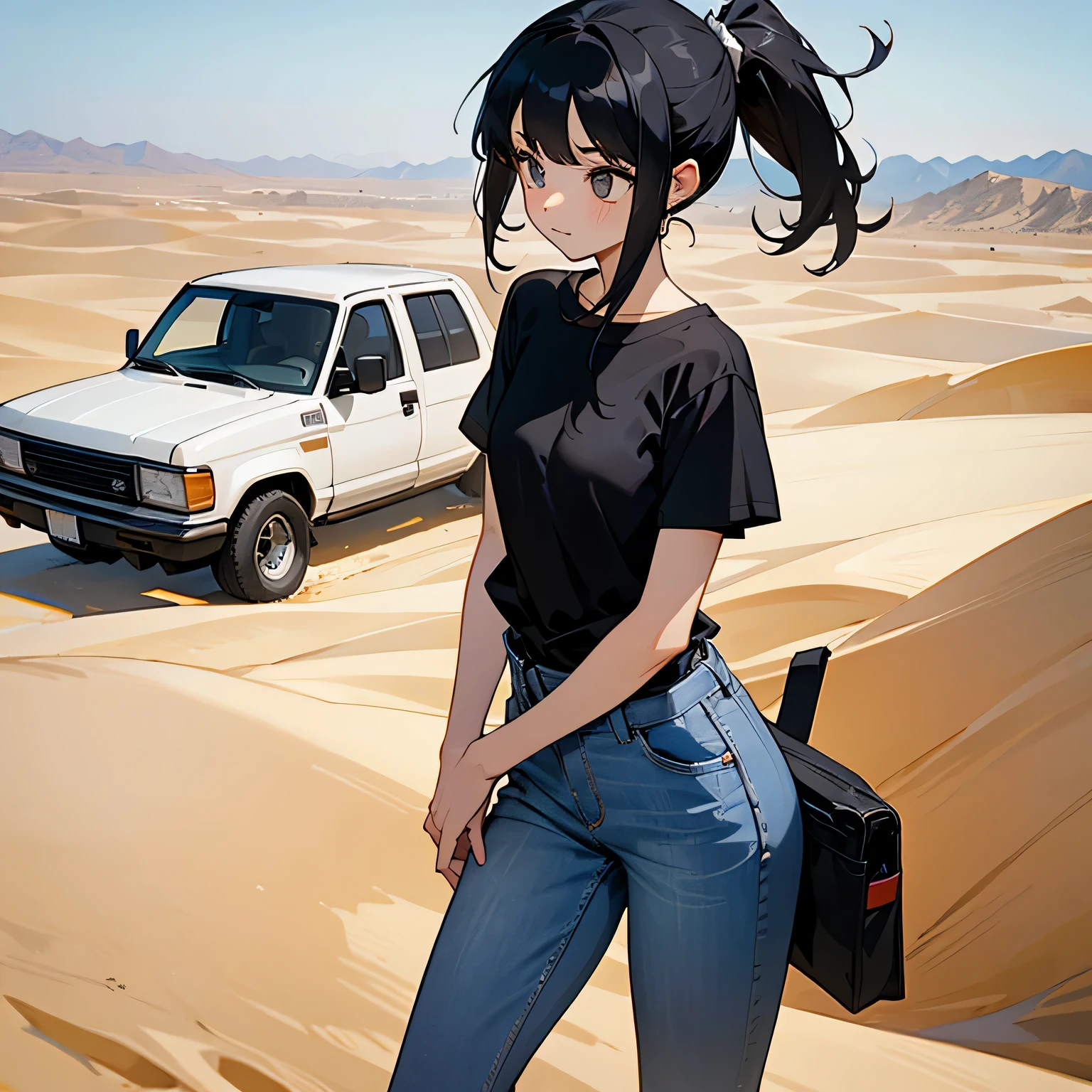 girl、Black Hair、ponytail、T-Shirts、jeans、truck、desert