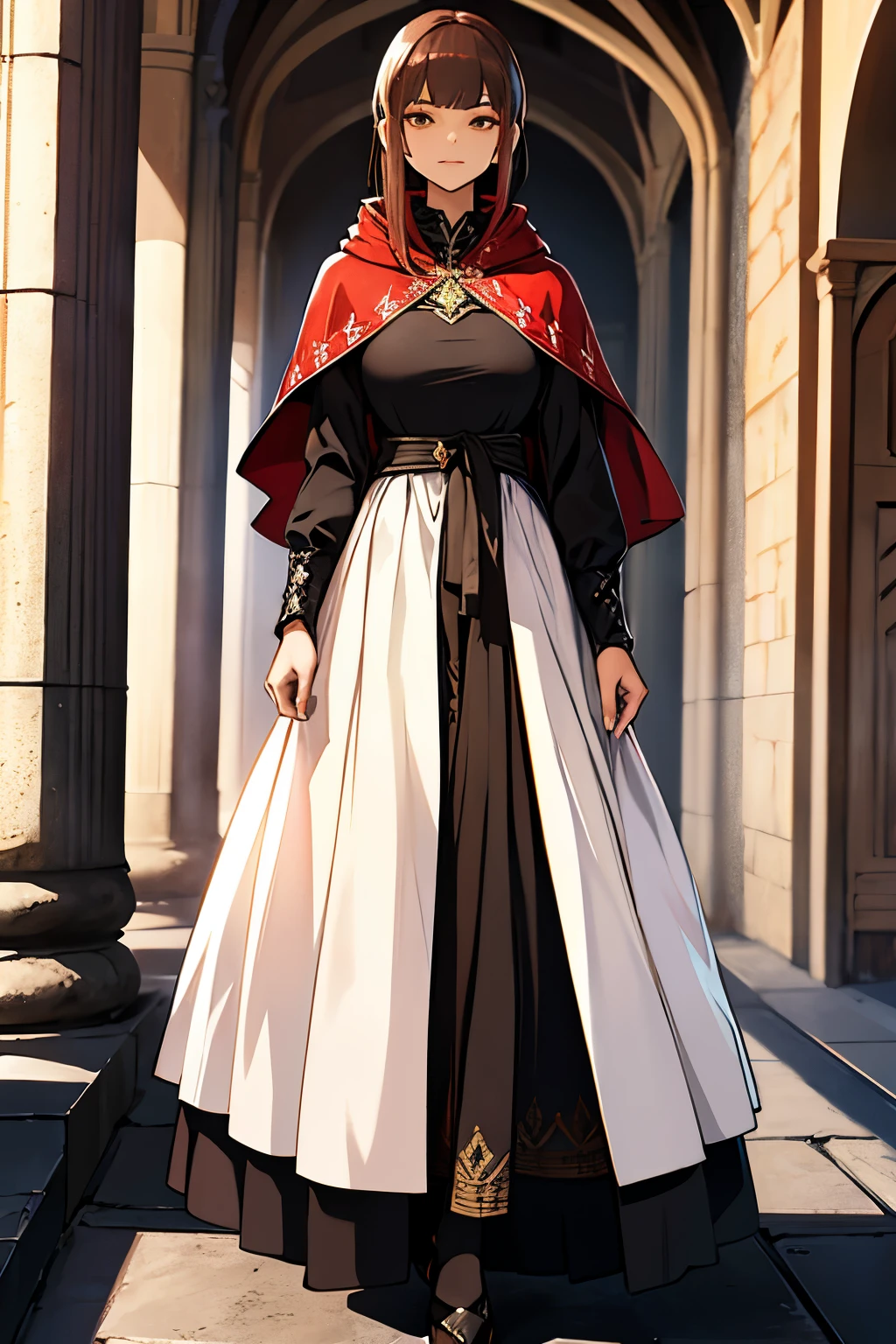 jaqueta de pele longa em preto, um vestido medieval em brancoe vermelho, de saia super volumosa, saia princesa rodada, gola alta, that covers the body from neck to toe, Covered neck