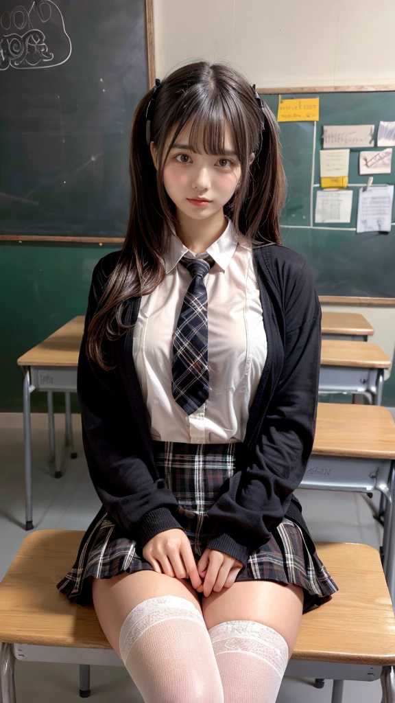muste piece, best quality, illustration, Super detailed, fine details, High resolution, 8K,wall paper, perfect dynamic composition,(Details High quality, realistic depiction of eyes:1.3), (white school shirt :1.2), (plaid skirt :1.3), tie black, black thigh-high stockings, sitting, open legs, in a classroom, blackboard in the background, deep on field, large breasts, black hair color, Big Natural Color Lip, (perfect body shape), crying a little、cold gaze, Harajuku style、20 year old girl、cute type、lolita、beautiful legs, Gravure Idol