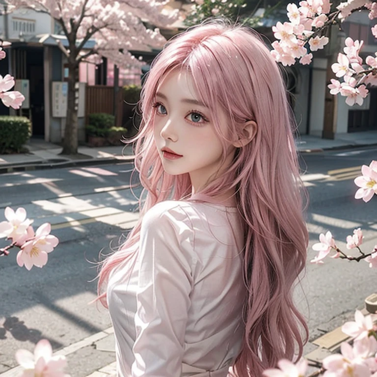 Light pink hair, Pink Eyes, Pink and white, Cherry Blossom, Vibrant colors, blouse white、Paint Splash, Ray Tracing, Wavy long hair、Petals fluttering、Angel's wing、Looking back