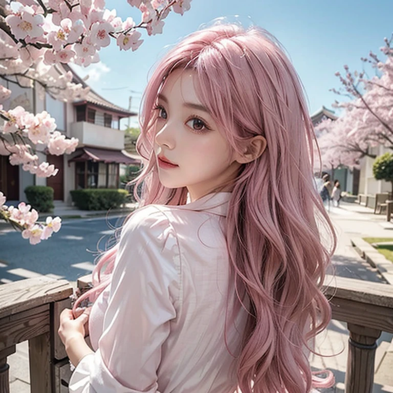 Light pink hair, Pink Eyes, Pink and white, Cherry Blossom, Vibrant colors, blouse white、Paint Splash, Ray Tracing, Wavy long hair、Petals fluttering、Angel's wing、Looking back