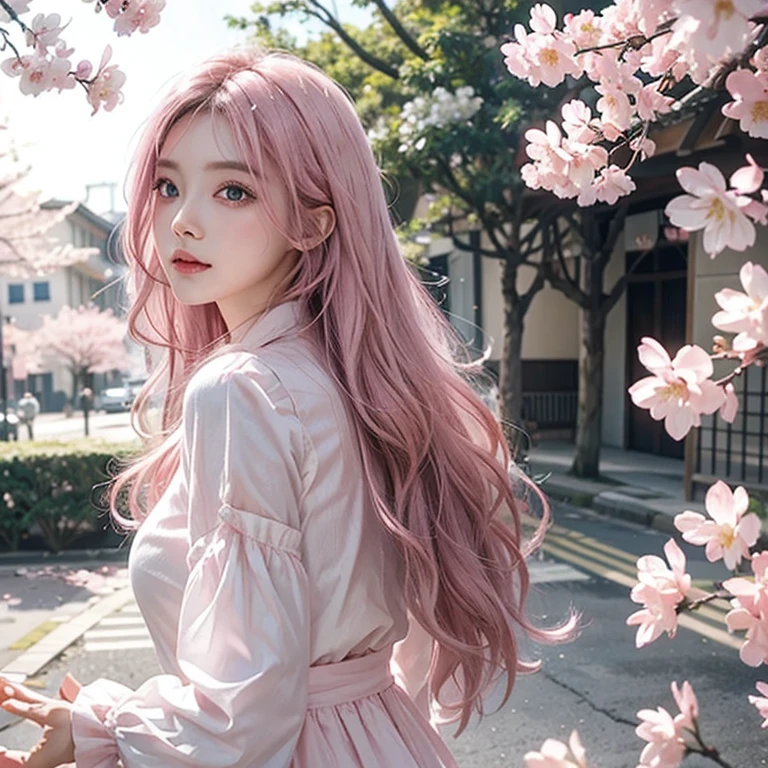 Light pink hair, Pink Eyes, Pink and white, Cherry Blossom, Vibrant colors, blouse white、Paint Splash, Ray Tracing, Wavy long hair、Petals fluttering、Angel&#39;s wing、Looking back