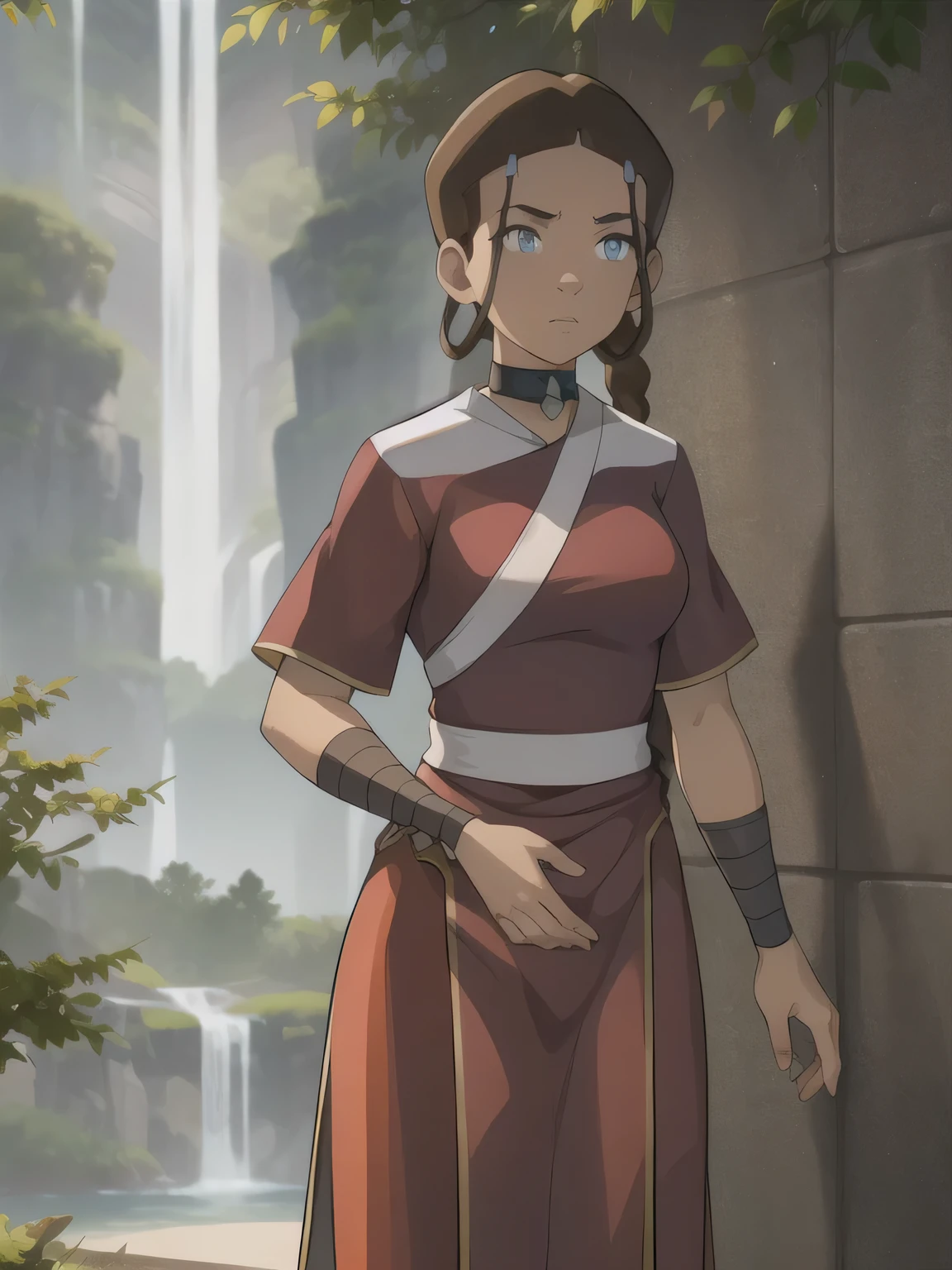 6K, high quality, masterpiece, textured skin, super detail, high details, anatomically correct, high resolution, 1 girl, Katara, stands alone, no other people, (eng anliegende kleidung) , 18 years old,  ((brown hair)), (hair duut), (darker skin color), beautiful face, ((hourglass body)), breasts, mountain background, waterfall, sunshine, muscels, 