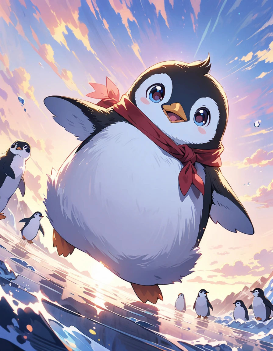 anime style, super fine illustration, highly detailed, dynamic angle, beautiful detailed, 8k, Adorable baby penguins are marching during the day in Antarctica. This scene captures the charming march of these cute creatures across the icy landscape.High saturation、Dynamic Angle、anime