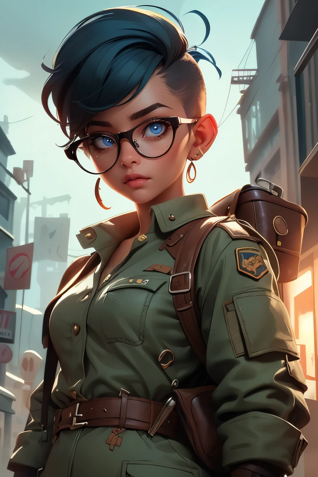 Wide angle, a pretty girl messenger, wearing large glasses, undercut hair, wearing postal uniform, in a post-apocalyptic world