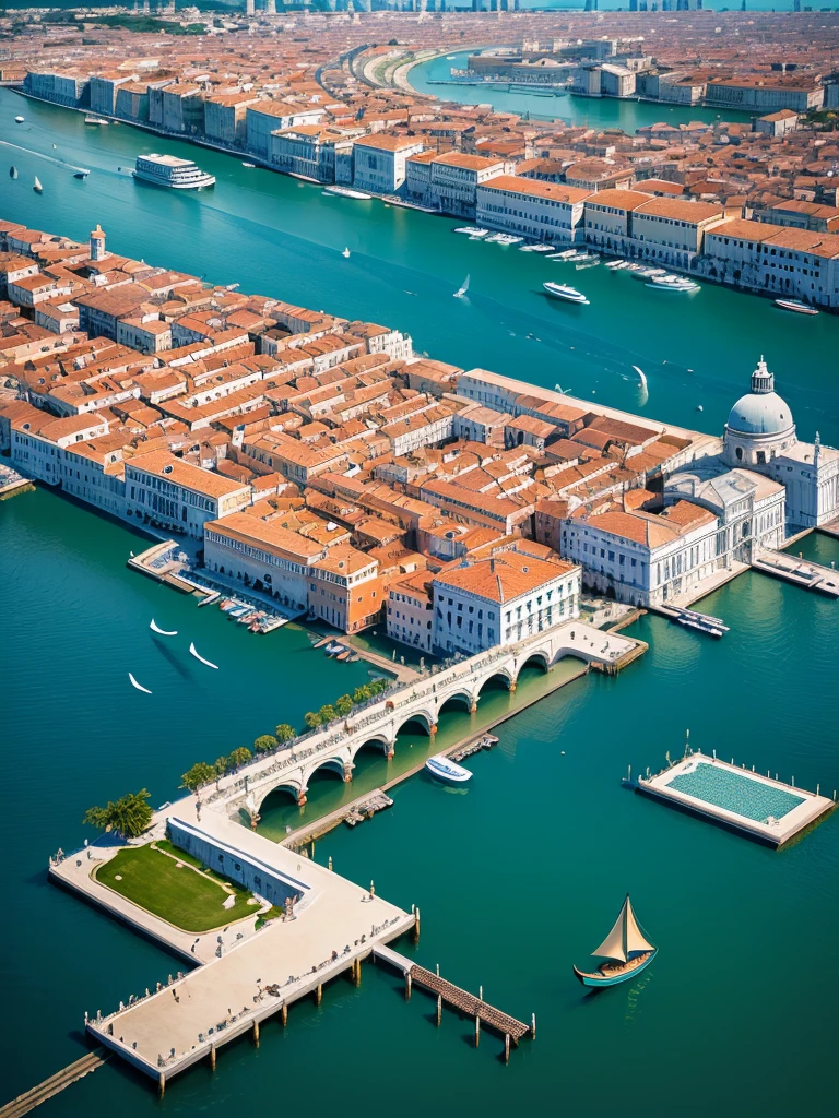 (masterpiece:1.3), (best quality:1.2), (Complex and meticulous:1.2), (Surrealism:1.2), (Professional photography:1.1), Very detailed, Absurd, (Aerial View:0.7), Venice, blue ocean, (blue coast), low tide, pier, sailboat, yacht, Stern, car, Visitors, lighthouse, Seagull, horizon, breeze, summer, morning, Sunlight, cloud, calm, fresh air, Depth of Field