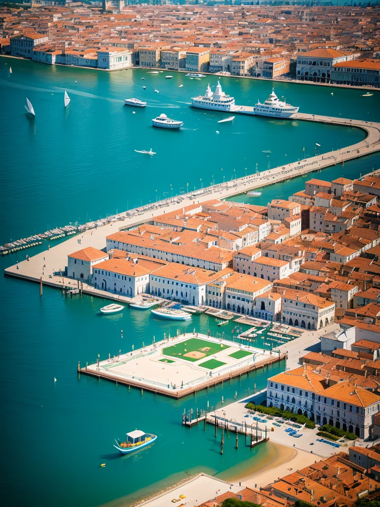 (masterpiece:1.3), (best quality:1.2), (Complex and meticulous:1.2), (Surrealism:1.2), (Professional photography:1.1), Very detailed, Absurd, (Aerial View:0.7), Venice, blue ocean, (blue coast), low tide, pier, sailboat, yacht, Stern, car, Visitors, lighthouse, Seagull, horizon, breeze, summer, morning, Sunlight, cloud, calm, fresh air, Depth of Field