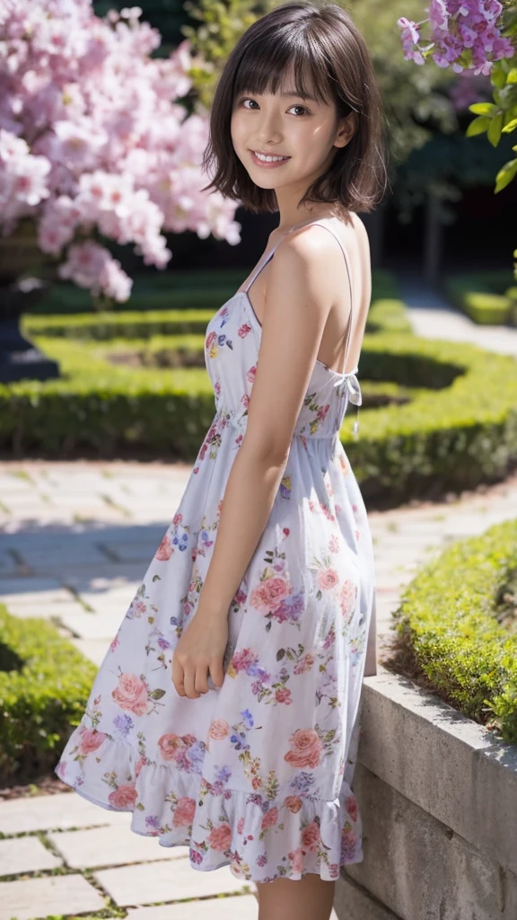 masterpiece, highest quality, disorganized, perfect anatomy, 1 girl, alone, pascal tales, short hair, beautiful, Hilarious, sunny day, botanical garden, Summer winds, sundress, Floral, wavy hair, smile