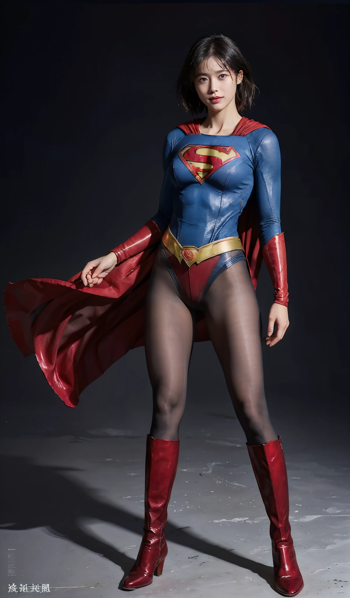 No background、(((Beautiful legs in black tights.)))、(((Legally express the beauty of your smile)))、((((Make the most of your original images)))、(((Supergirl Costume)))、(((beautiful short hair)))、(((suffering)))、(((Please wear black tights....、Wear red boots)))、((Best image quality、8K))、((highest quality、8K、masterpiece:1.3))、(((Preserve background )))、Sharp focus:1.2、Beautiful woman with perfect figure:1.4、Thin abdominal muscles:1.2、Wet body:1.5、Highly detailed face and skin texture、8K