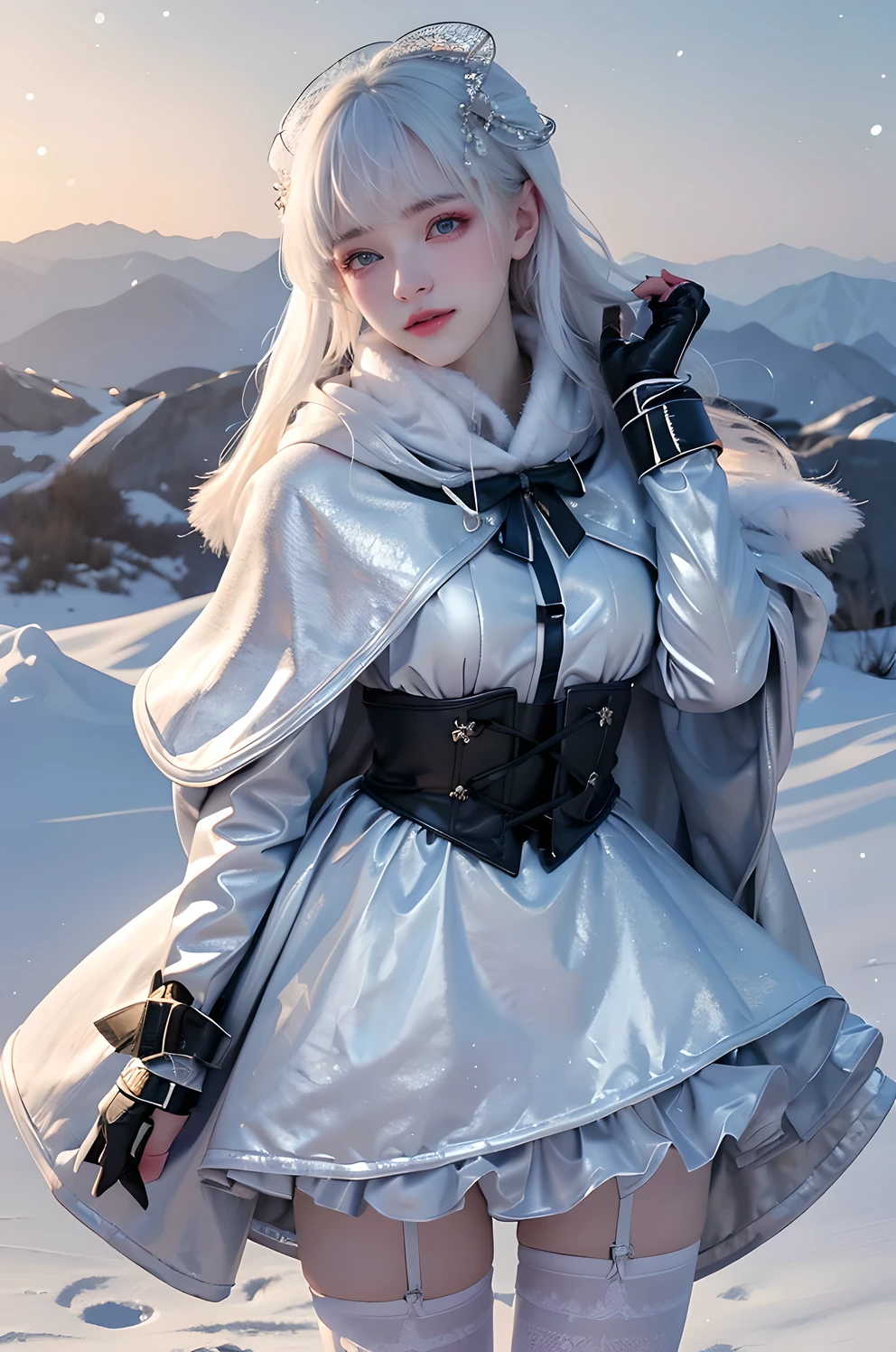 (8K),realistically, A high resolution, 1 Women, own, (gorgeous one,ta costume), pretty eyes, White hair, eye socket, (dynamicposes,Cloak,blanketed in a mantle of snow),jeanfavonian, snow field,evening,clouds,