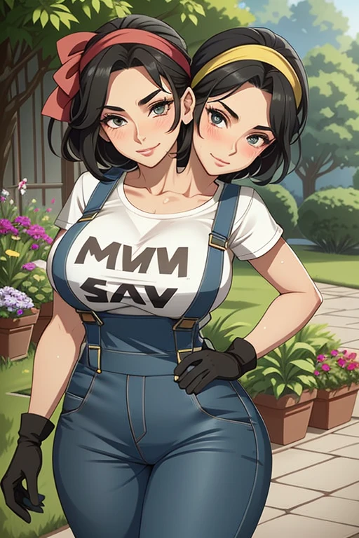 2heads, a tall thin woman with two heads. She is outside in a garden, she is gardening. She is very tall. She is very skinny. She has short black hair in a bun. She looks mature. She has very thick full lips. She is wearing overalls with a colorful T-shirt underneath, and gardening gloves. She is wearing a bandana on her head. She is smiling. She is blushing. She looks sweaty and tired. Mature, milf. Flirty, flirtatious expression, flirty pose.