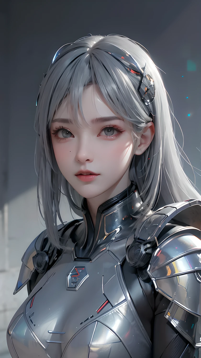 Masterpiece,Game art,The best picture quality,Highest resolution,8K,(Portrait),Unreal Engine 5 rendering works,(Digital Photography),((Portrait Feature:1.5)),
20 year old girl,Short hair details,With long bangs,(The red eye makeup is very meticulous),(With long gray hair:1.4),(Large, full breasts),Elegant and noble,Brave and charming,
(Future armor combined with the characteristics of ancient Chinese armor,Hollow design,Power Armor,The mysterious Eastern runes,A delicate dress pattern,A flash of magic),Warrior of the future,Cyberpunk figures,Background of war,
Movie lights，Ray tracing，Game CG，((3D Unreal Engine))，OC rendering reflection pattern