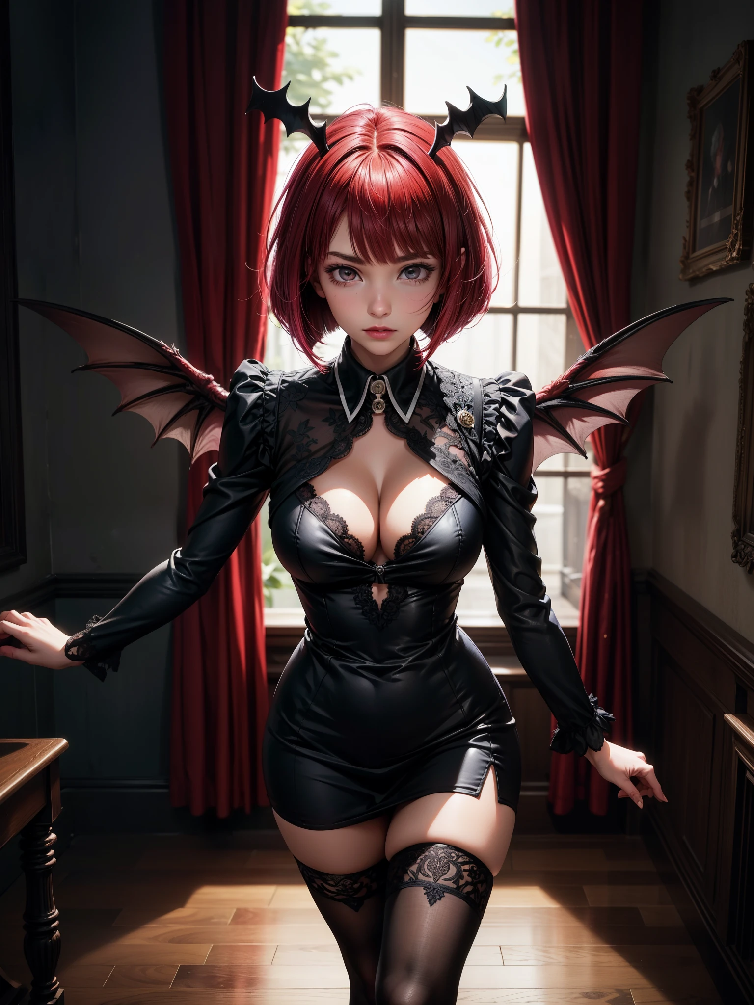 ((Intricate details)),Dark Fantasy (/style/), The atmosphere is gloomy, (Beautiful succubus girl, short hair, Large Breasts), (Sexy black lace suit), (hungry expression) , Soft colors, Clear focus, Movie, (Walking posture, Dynamic poses), Hot Topics on ArtStation, (Ed Blinky (Ed Blinky) Gorgeous oil painting, Artie Guerlain, author:Jeremy Mann, Greg Manches),National Foundation,style of ohwx, (Beautiful symmetrical puffy eyes)