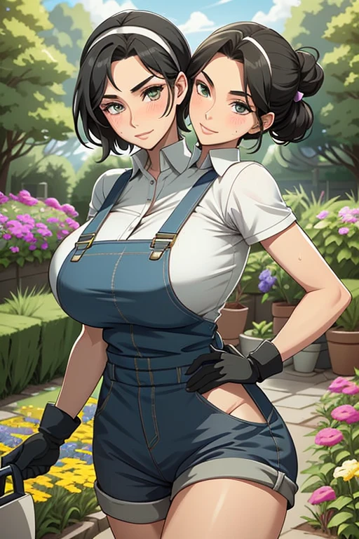 2heads, a tall thin woman with two heads. She is outside in a garden, she is gardening. She has . She is very tall. She is very skinny. She has short black hair in a bun. She looks mature. Sheery thick full lips. She is wearing overalls with nothing underneath, and gardening gloves. She is wearing a bandana on her head. She is smiling. She is blushing. She looks sweaty and tired. Mature, milf.
