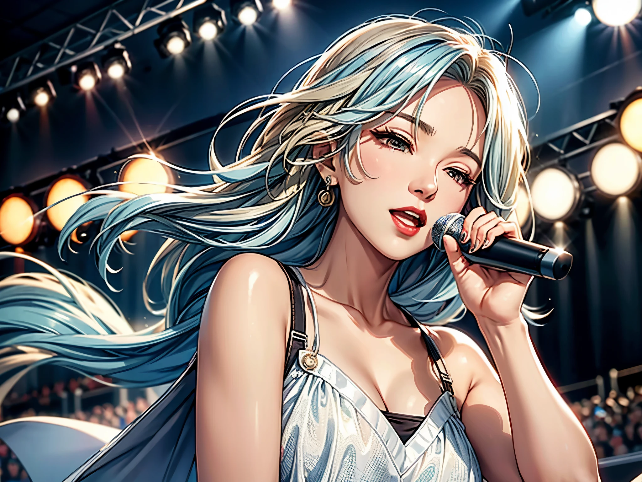 1 lady solo, K-POP artist, (singing:1.2) (dynamic posing:1.2), (stylish outfit), mature female, /(beige blonde hair streaked sky-blue hair end/), bangasterpiece best quality:1.2), delicate illustration, ultra-detailed, large breasts, BREAK, (holding a microphone) , one hand up, face to audience, BREAK, (music stage) indoors, various colored spotlight, audience,