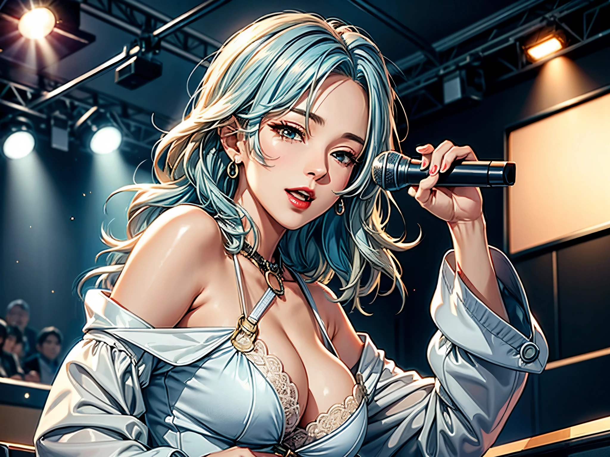 1 lady solo, K-POP artist, (singing:1.2) (dynamic posing:1.2), (stylish outfit), mature female, /(beige blonde hair streaked sky-blue hair end/), bangasterpiece best quality:1.2), delicate illustration, ultra-detailed, large breasts, BREAK, (holding a microphone) , one hand up, face to audience, BREAK, (music stage) indoors, various colored spotlight, audience,